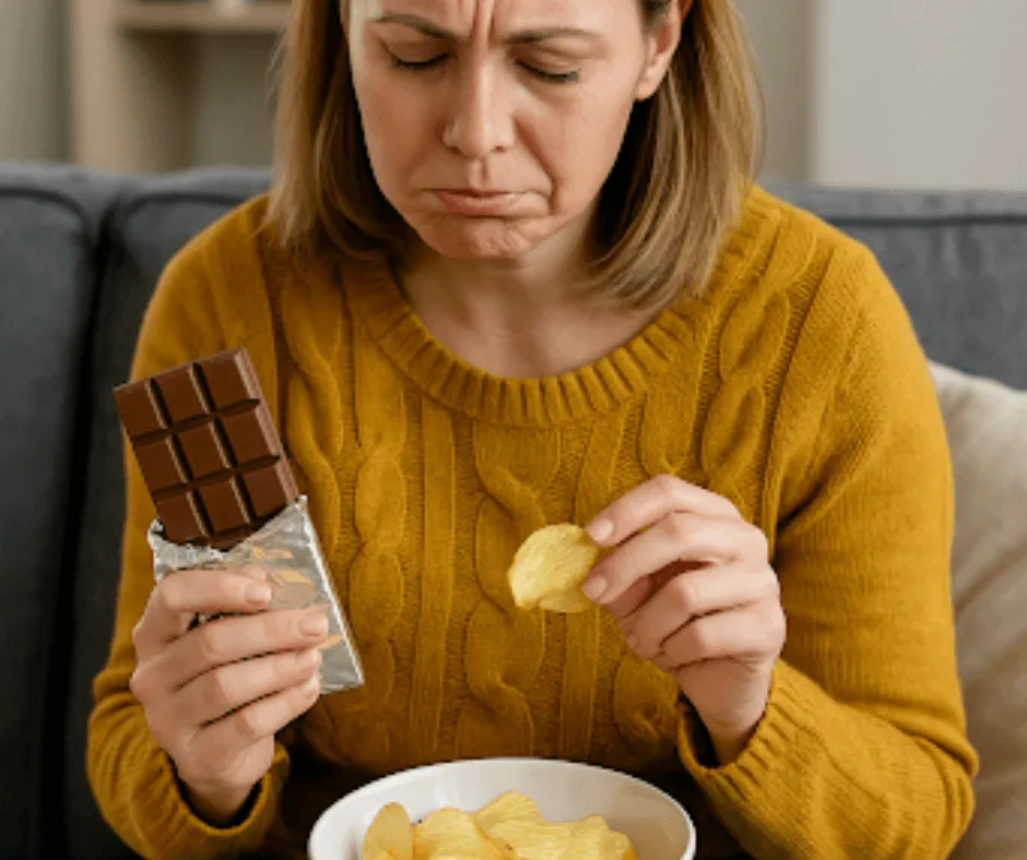 Frau isst Schokolade und Chips