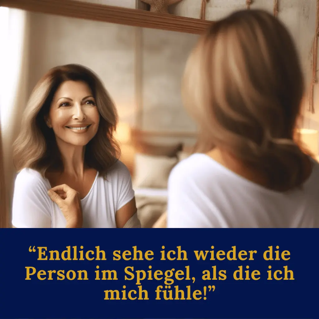 Frau betrachtet sich glücklich im Spiegel