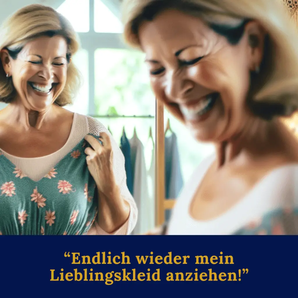 Frau freut sich, dass ihr Lieblingskleid wieder passt.